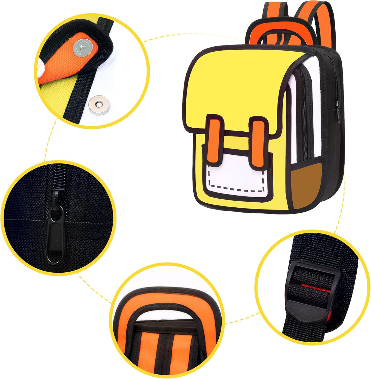 Kids Kawaii Backpack for Boys Girls Cute Toddler 2D Cartoon Comic Paper Jump Bookbag Fun Weird School Schoolbag (Yellow, Small) - View 5