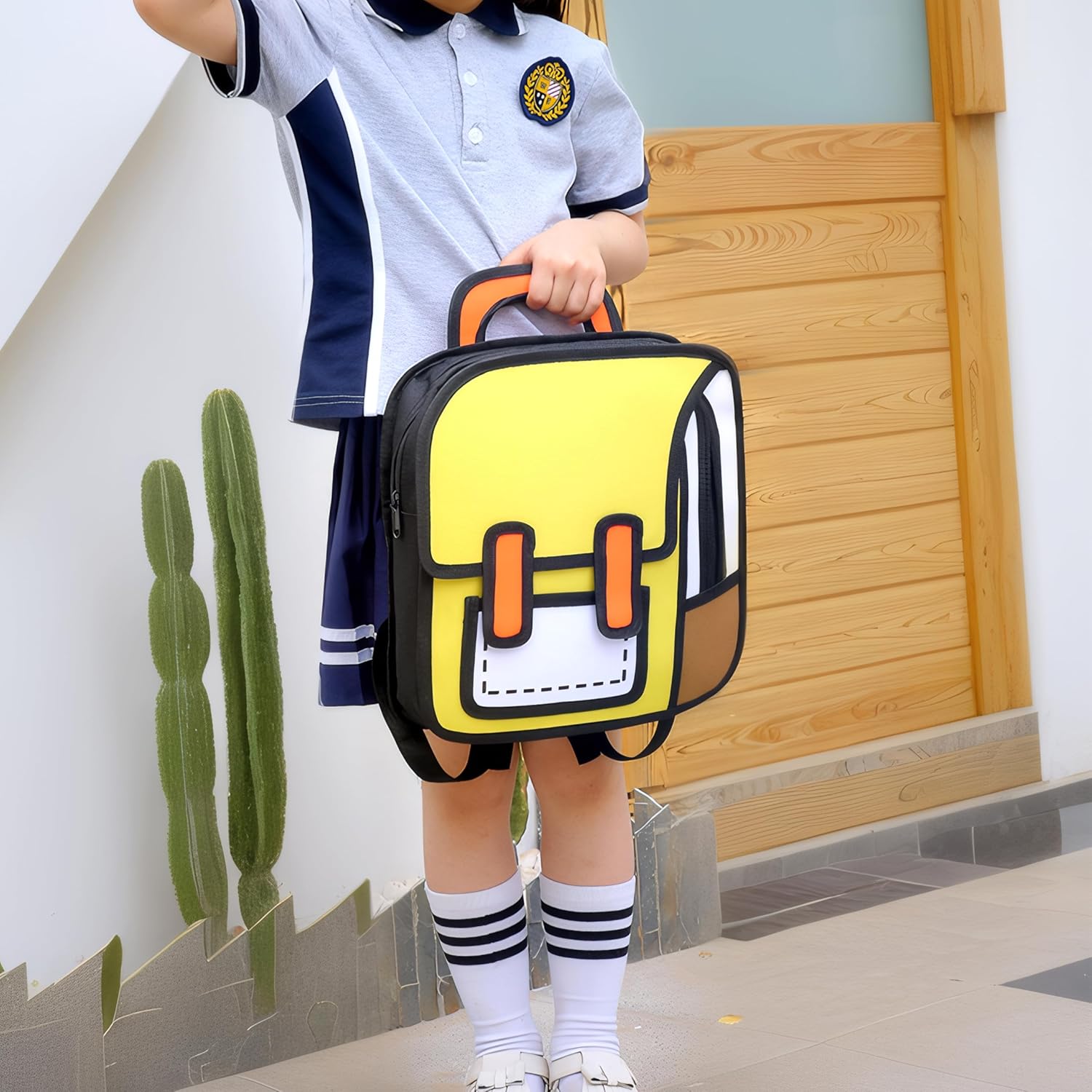 Kids Kawaii Backpack for Boys Girls Cute Toddler 2D Cartoon Comic Paper Jump Bookbag Fun Weird School Schoolbag (Yellow, Small) - View 9