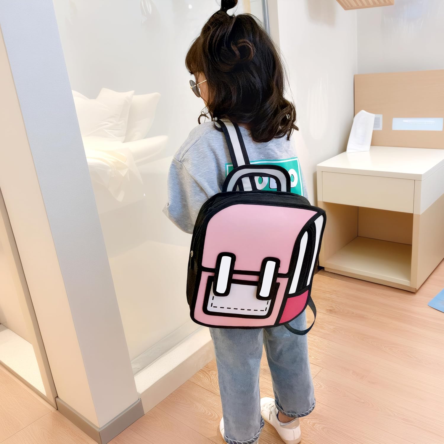 Kids Kawaii Backpack for Girls Cute Toddler 2D Cartoon Comic Paper Jump Bookbag Fun Weird School Schoolbag (Pink, Small) - View 4