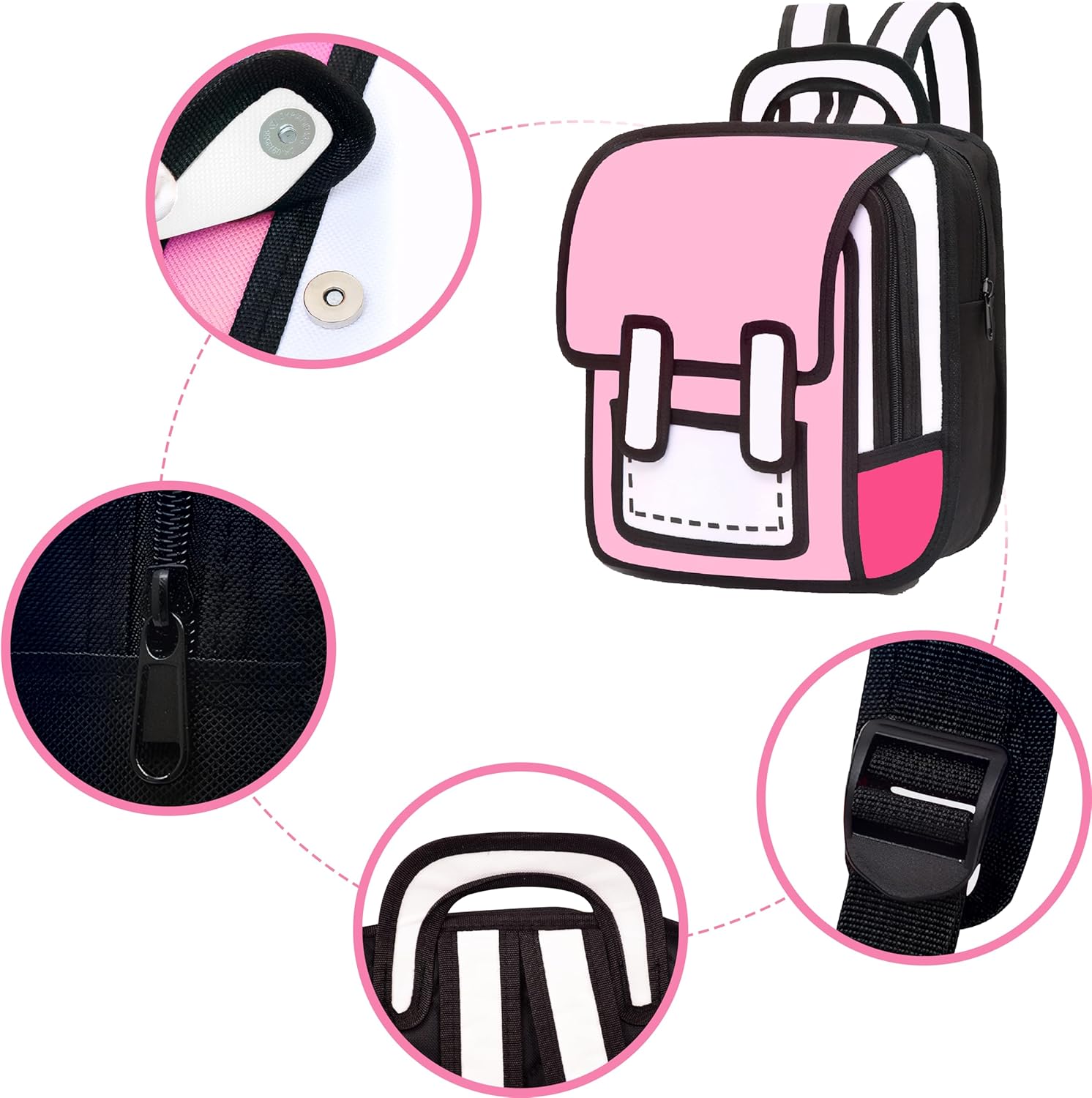 Kids Kawaii Backpack for Girls Cute Toddler 2D Cartoon Comic Paper Jump Bookbag Fun Weird School Schoolbag (Pink, Small) - View 5