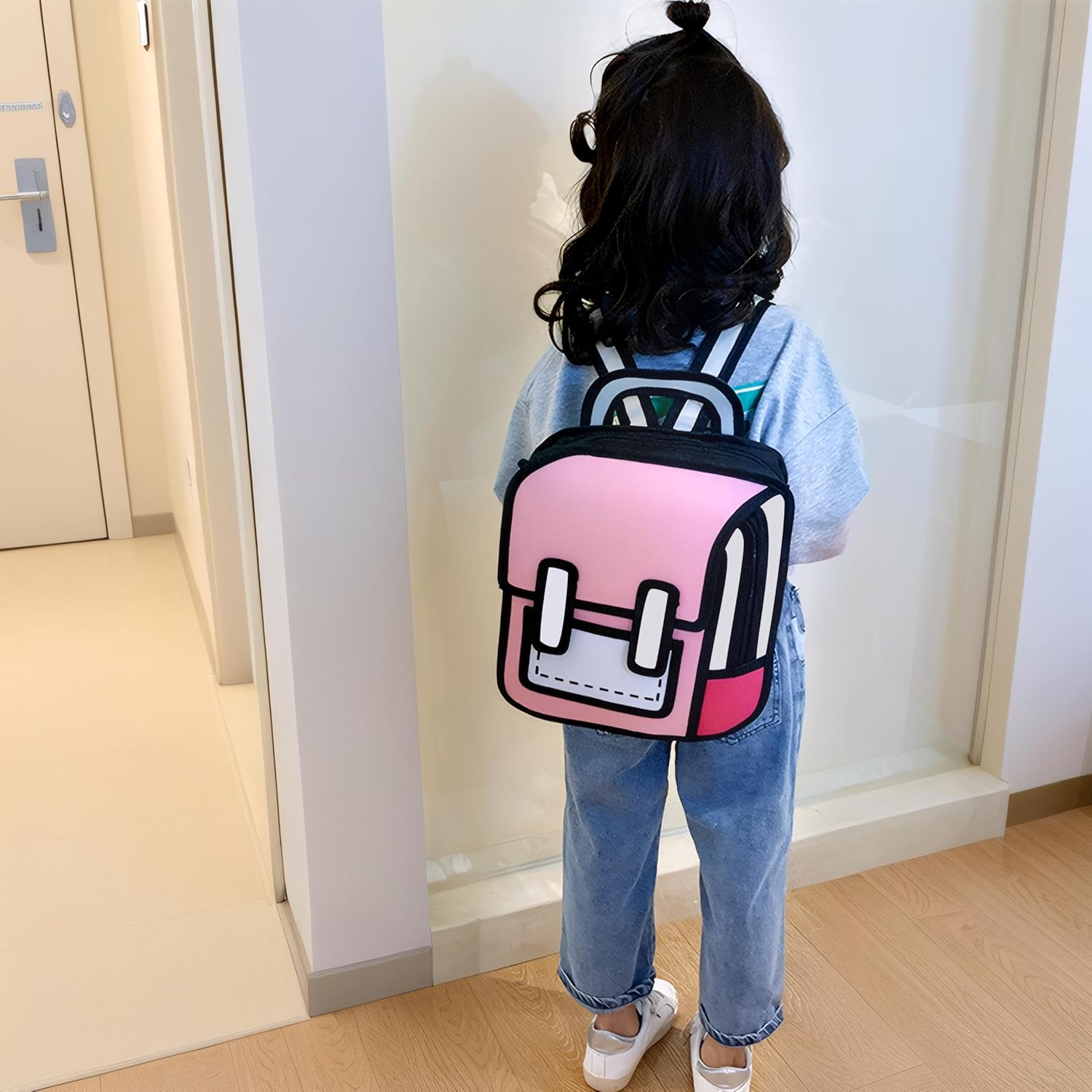 Kids Kawaii Backpack for Girls Cute Toddler 2D Cartoon Comic Paper Jump Bookbag Fun Weird School Schoolbag (Pink, Small) - View 6