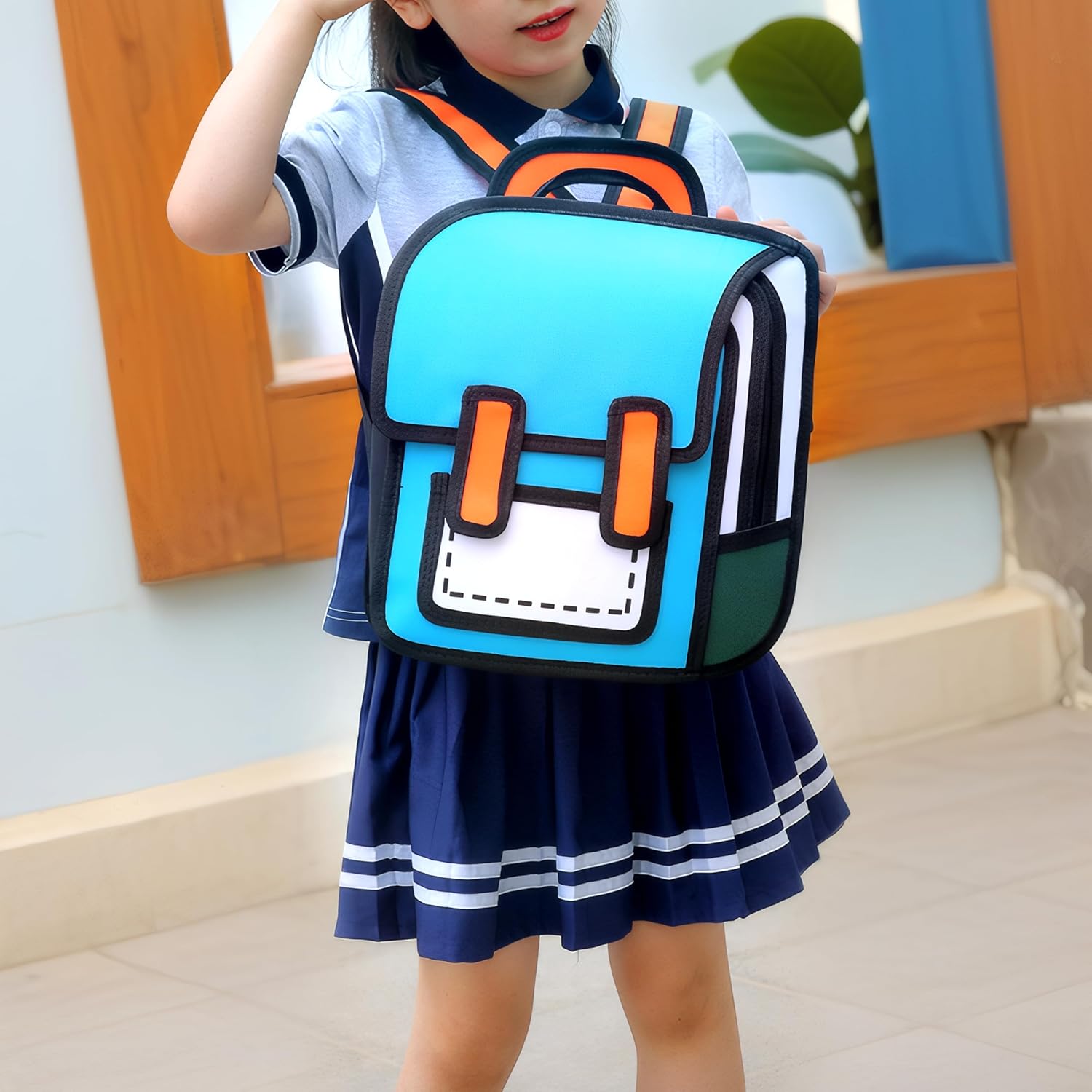 Kids Kawaii Backpack for Boys Girls Cute Toddler 2D Cartoon Comic Paper Jump Bookbag Fun Weird School Schoolbag (Blue, Small) - View 3