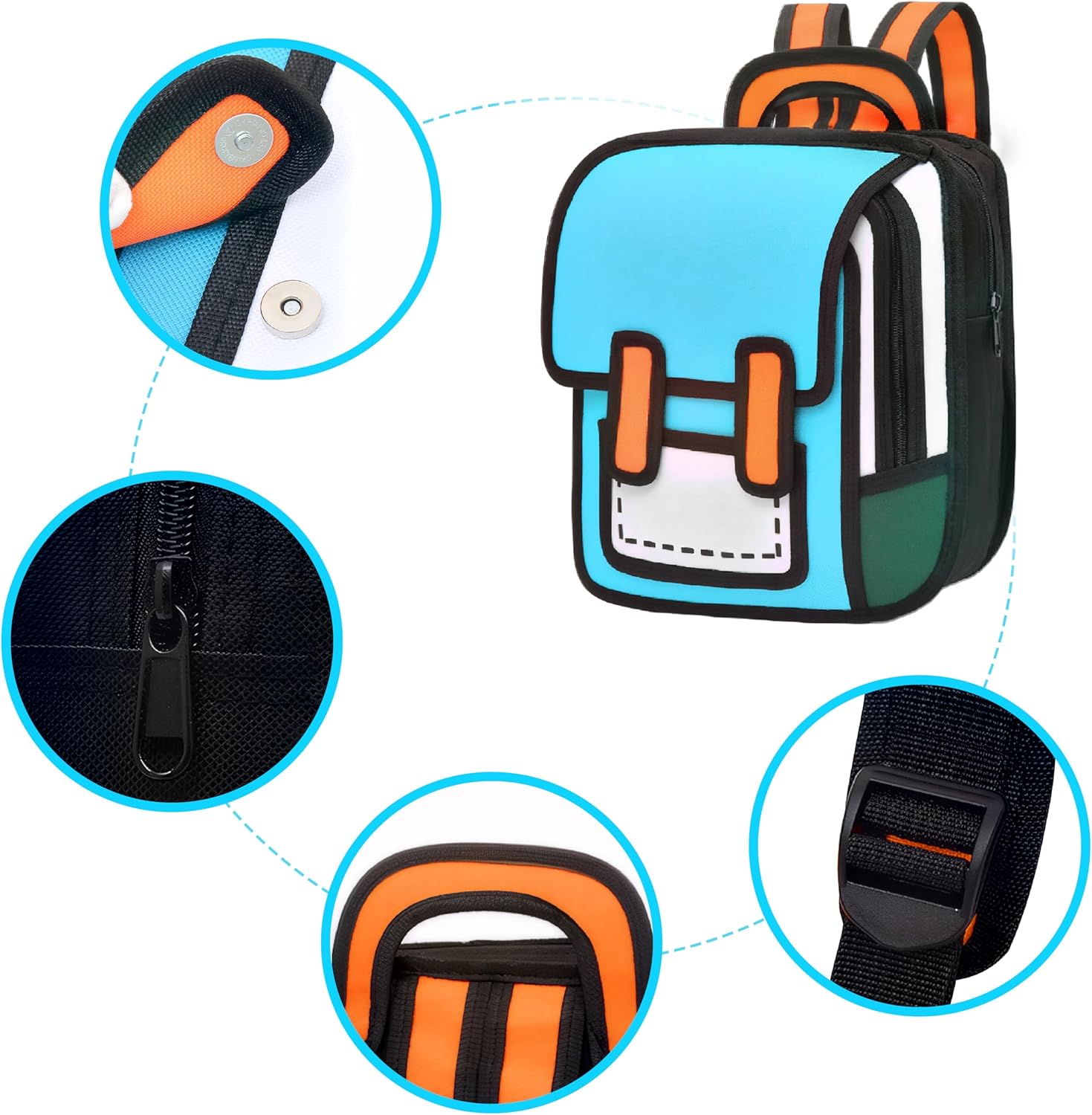 Kids Kawaii Backpack for Boys Girls Cute Toddler 2D Cartoon Comic Paper Jump Bookbag Fun Weird School Schoolbag (Blue, Small) - View 5