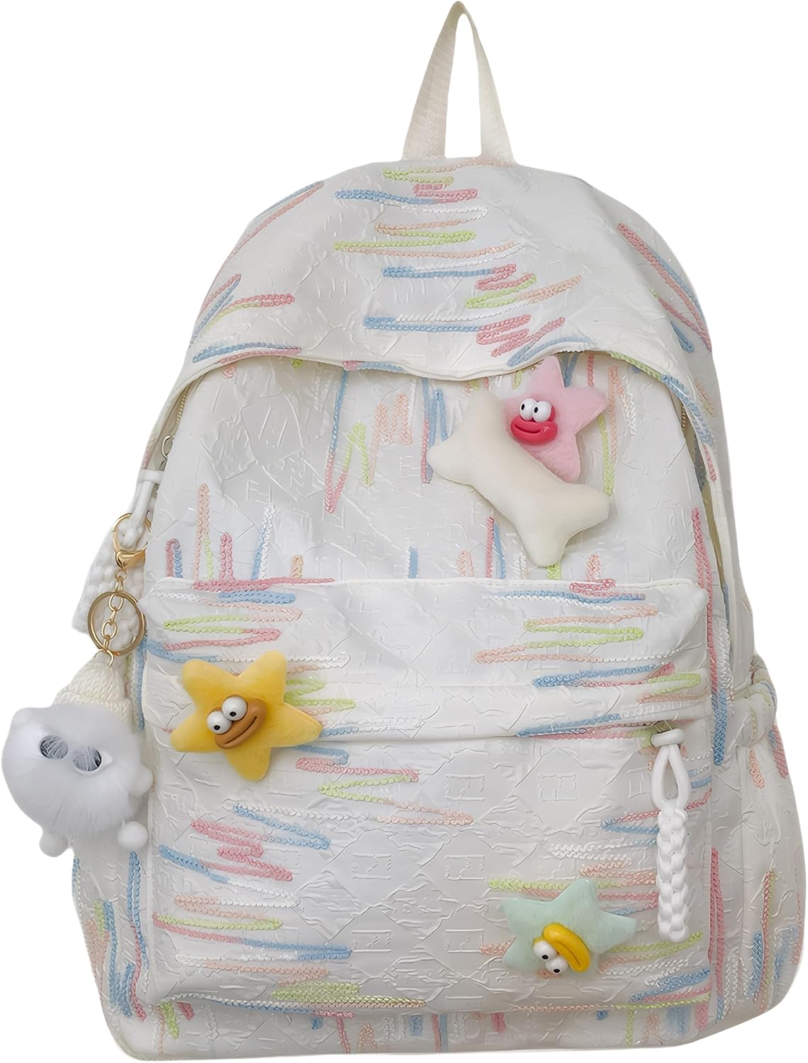 Cute Y2K Backpack for Girls Kawaii School Bookbag with Star Accessories Aesthetic Elementary Middle Schoolbag (White)
