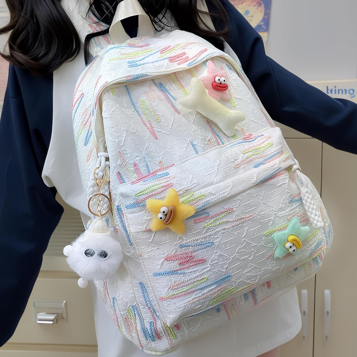Cute Y2K Backpack for Girls Kawaii School Bookbag with Star Accessories Aesthetic Elementary Middle Schoolbag (White) - View 2