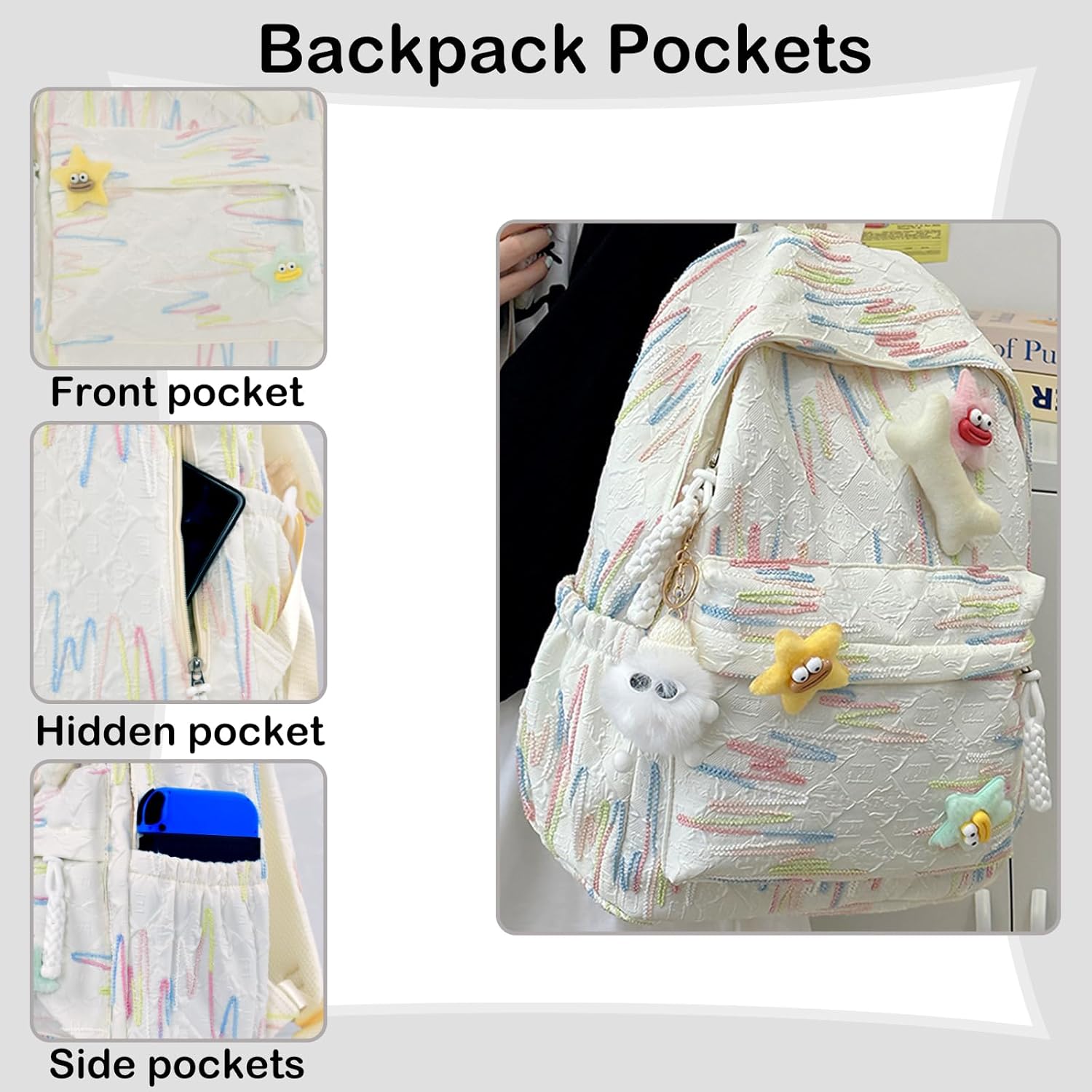 Cute Y2K Backpack for Girls Kawaii School Bookbag with Star Accessories Aesthetic Elementary Middle Schoolbag (White) - View 3