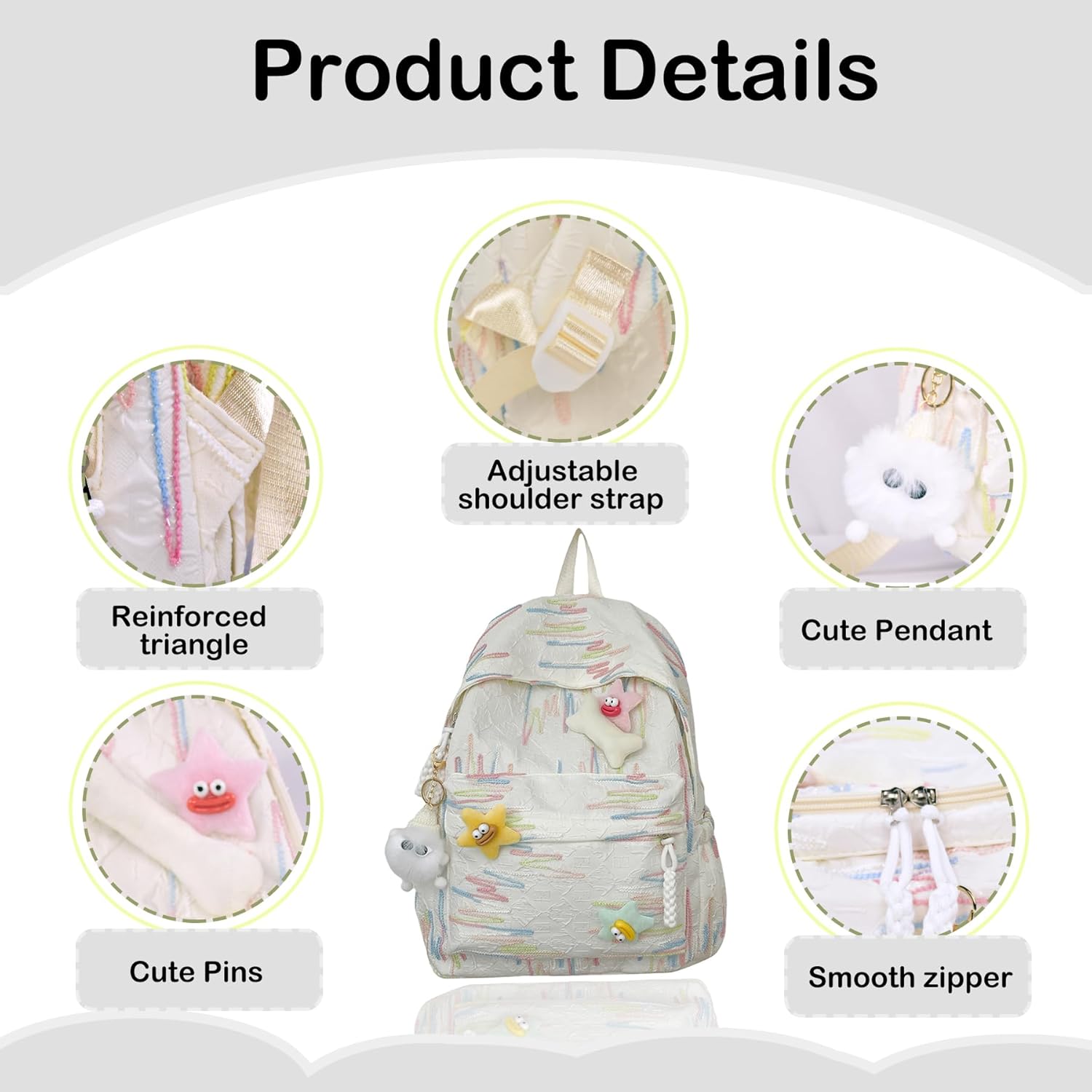 Cute Y2K Backpack for Girls Kawaii School Bookbag with Star Accessories Aesthetic Elementary Middle Schoolbag (White) - View 4