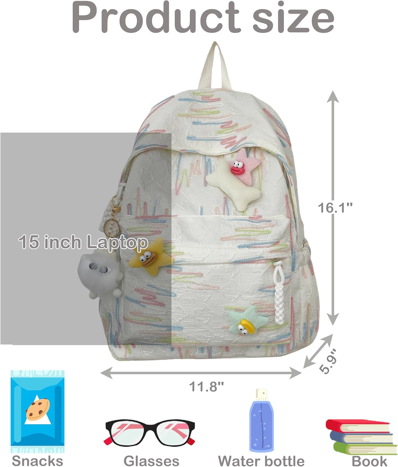 Cute Y2K Backpack for Girls Kawaii School Bookbag with Star Accessories Aesthetic Elementary Middle Schoolbag (White) - View 5