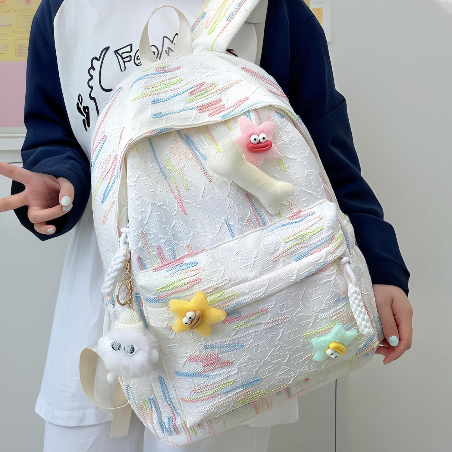 Cute Y2K Backpack for Girls Kawaii School Bookbag with Star Accessories Aesthetic Elementary Middle Schoolbag (White) - View 6