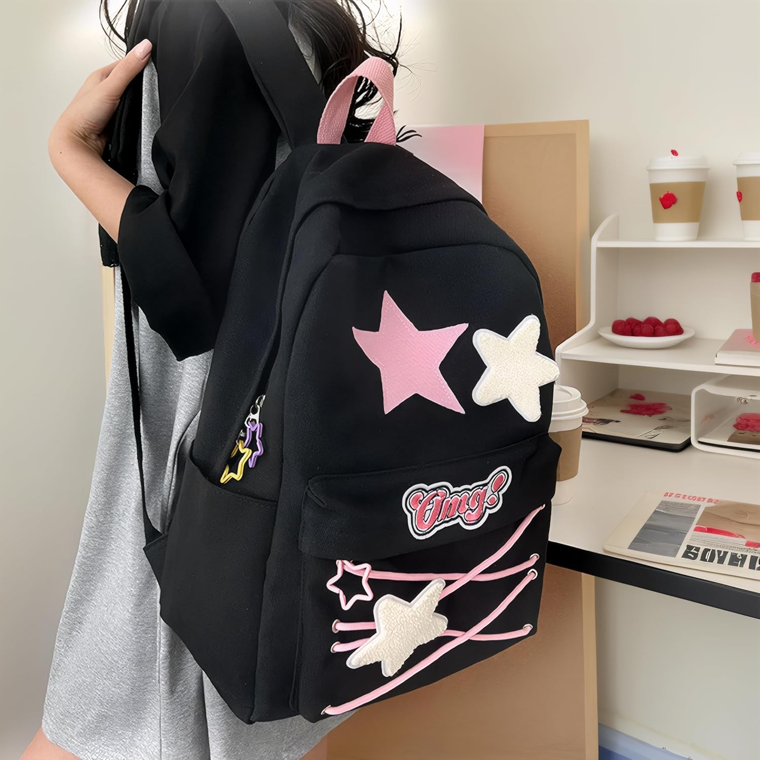 Y2K Backpack for Girls Cute Accessories Preppy Star Bookbag Kawaii Aesthetic Daypack Shoolbag Backpack - View 2