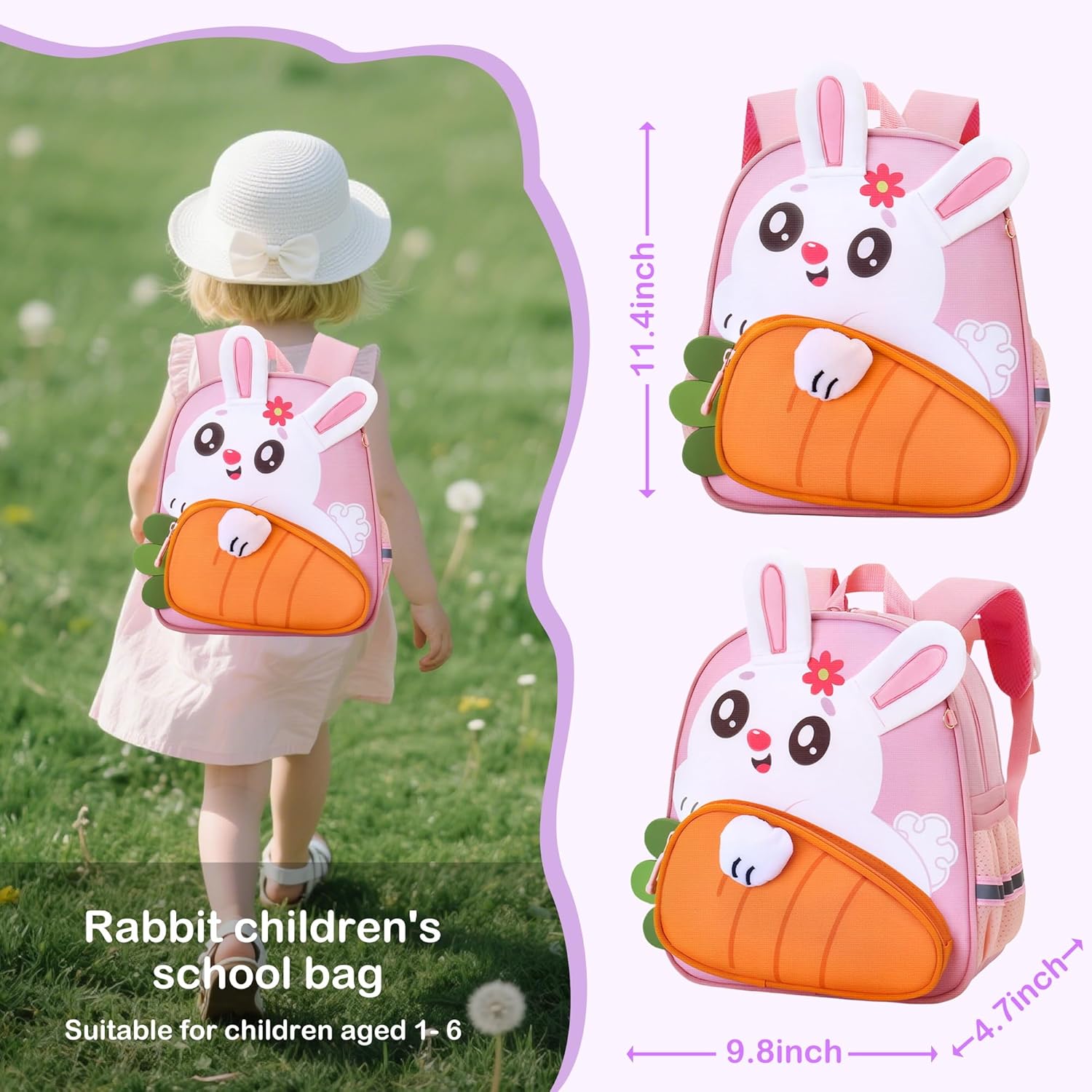 Toddler Backpack Kids Shoolbag for Girls with Leash Cute 3D Cartoon Preschool Kindergarten Bags (Pink) - View 5