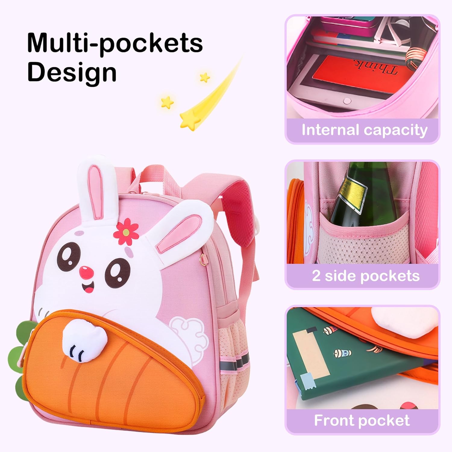 Toddler Backpack Kids Shoolbag for Girls with Leash Cute 3D Cartoon Preschool Kindergarten Bags (Pink) - View 6