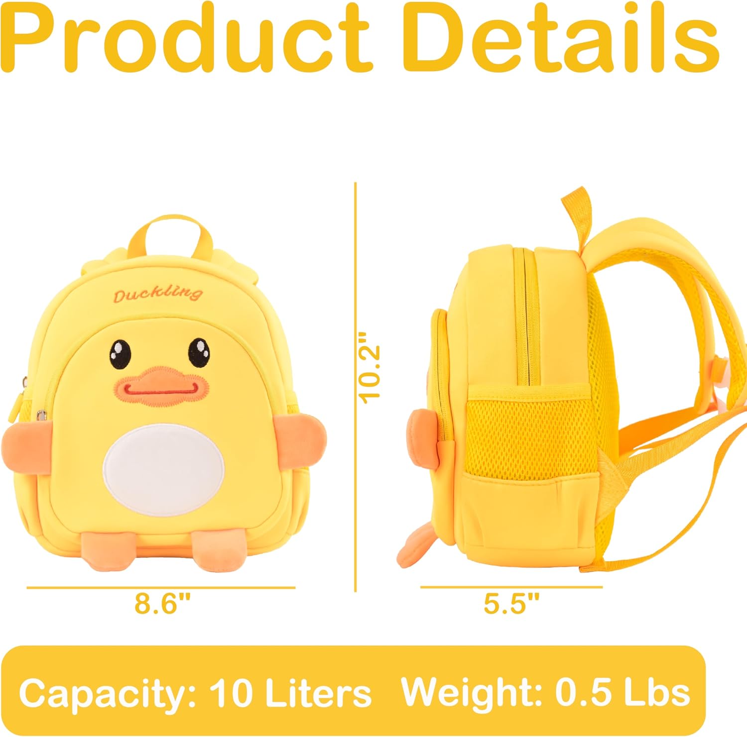 Toddler Backpacks for Boys Girls 2-4 Cute 3D Kids Duck Schoolbag with Baby Leash for Small Preschool Kindergarten Bookbag Cartoon Mini Travel Bags 10inch (Yellow) - View 5