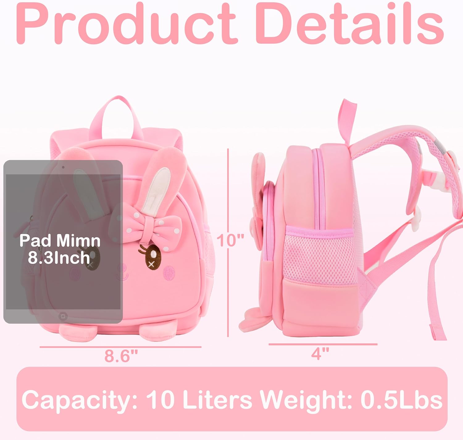 Toddler Backpacks for Boys Girls 2-4 Cute 3D Kids Bunny Schoolbag with Baby Leash for Small Preschool Kindergarten Bag (Pink Bunny) - View 4