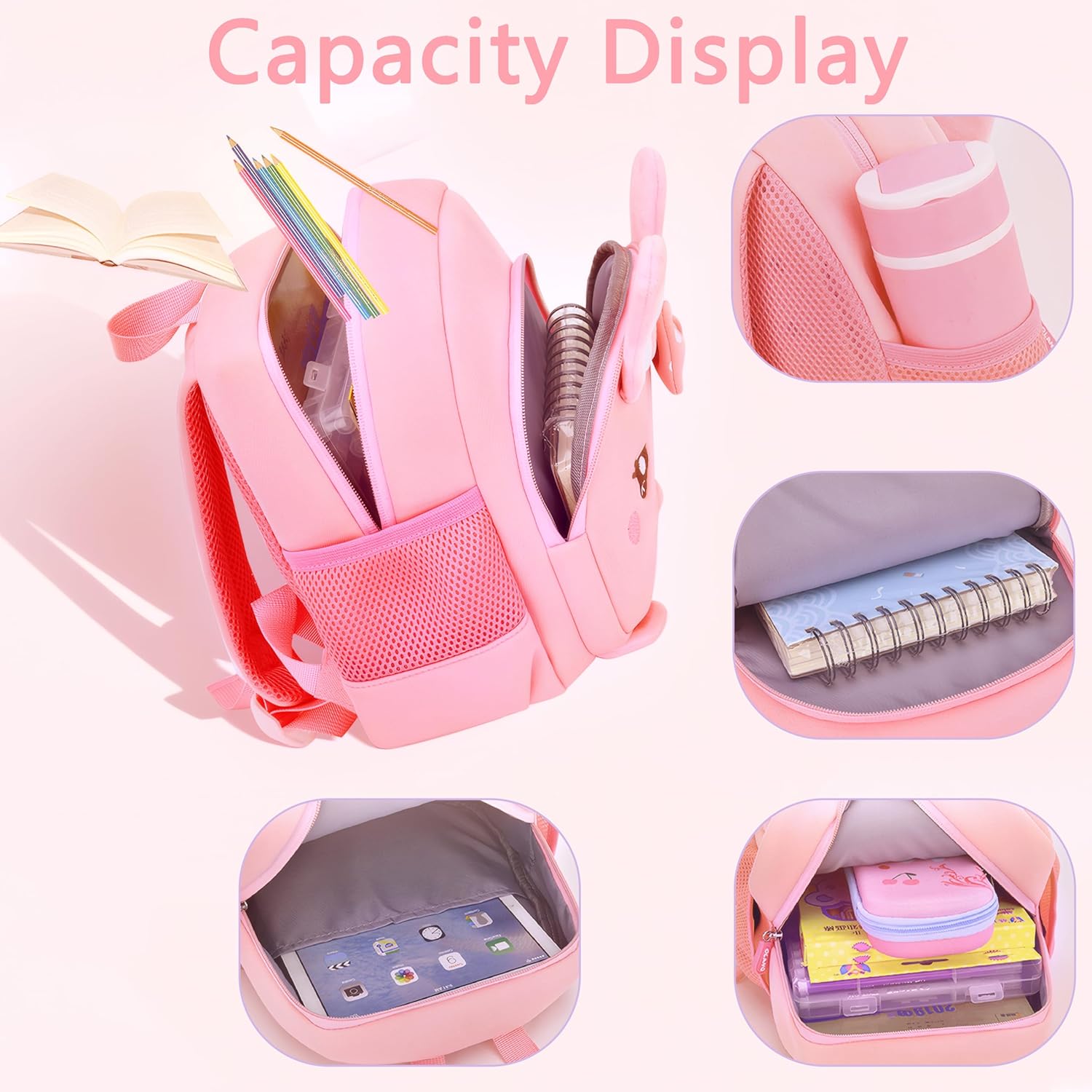 Toddler Backpacks for Boys Girls 2-4 Cute 3D Kids Bunny Schoolbag with Baby Leash for Small Preschool Kindergarten Bag (Pink Bunny) - View 9