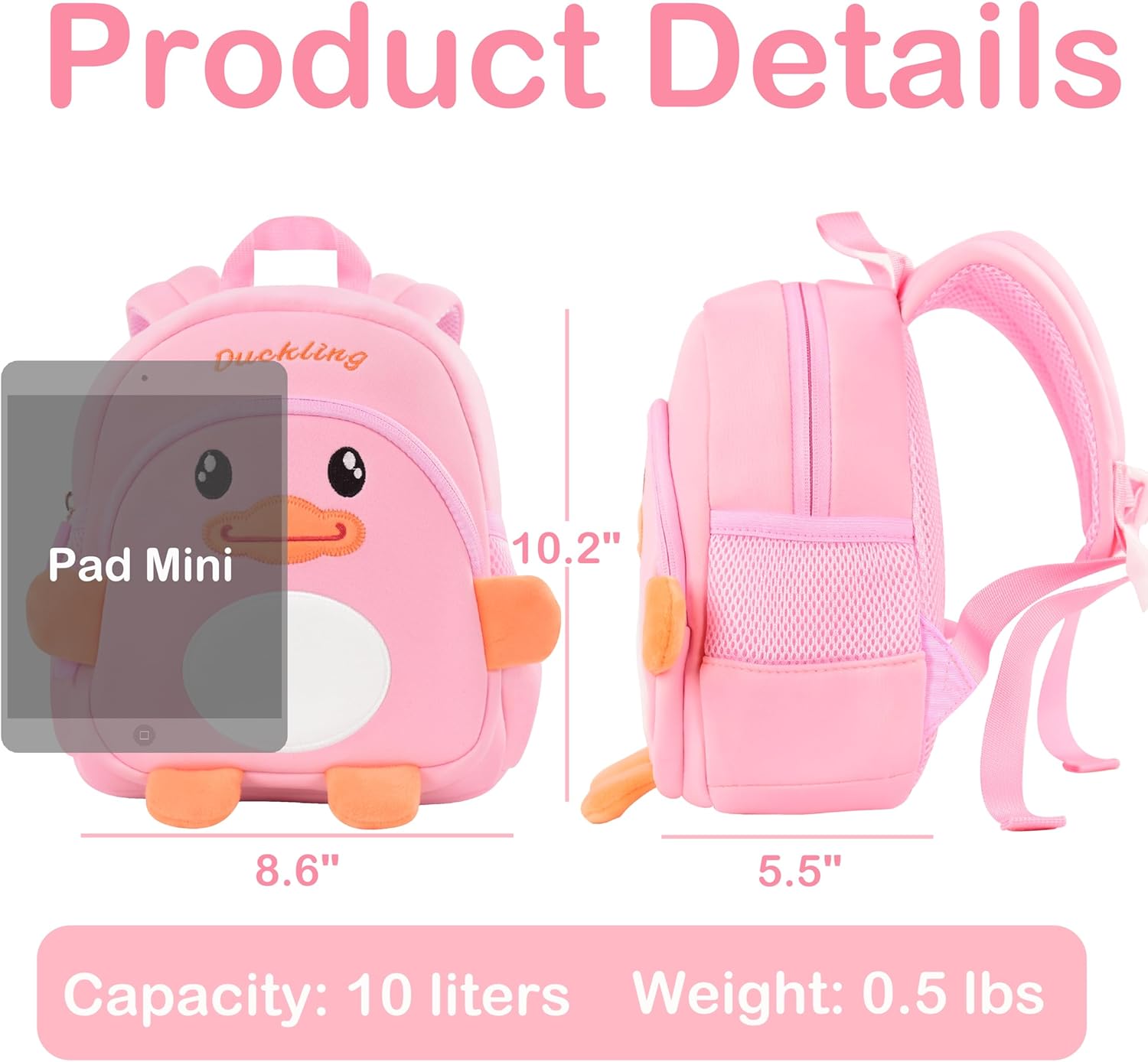 Toddler Backpacks for Girls 2-4 Cute 3D Kids Duck Schoolbag with Baby Leash for Small Preschool Kindergarten Bookbag Cartoon Mini Travel Bags 10inch (Pink) - View 2