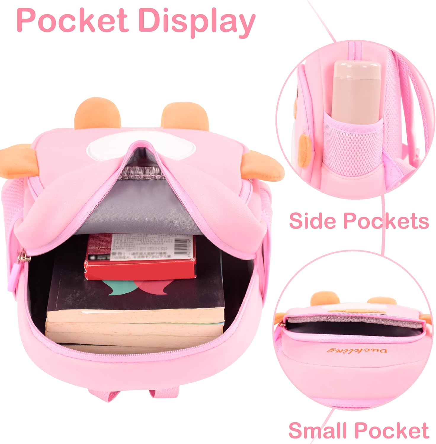 Toddler Backpacks for Girls 2-4 Cute 3D Kids Duck Schoolbag with Baby Leash for Small Preschool Kindergarten Bookbag Cartoon Mini Travel Bags 10inch (Pink) - View 5