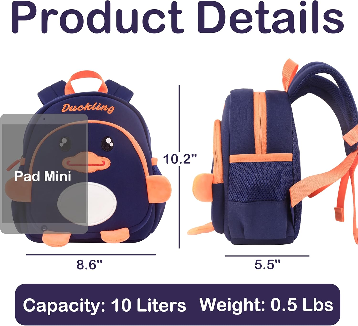 Toddler Backpacks for Boys 2-4 Cute 3D Kids Duck Schoolbag with Baby Leash for Small Preschool Kindergarten Bookbag Cartoon Mini Travel Bags 10inch (Dark Blue) - View 7