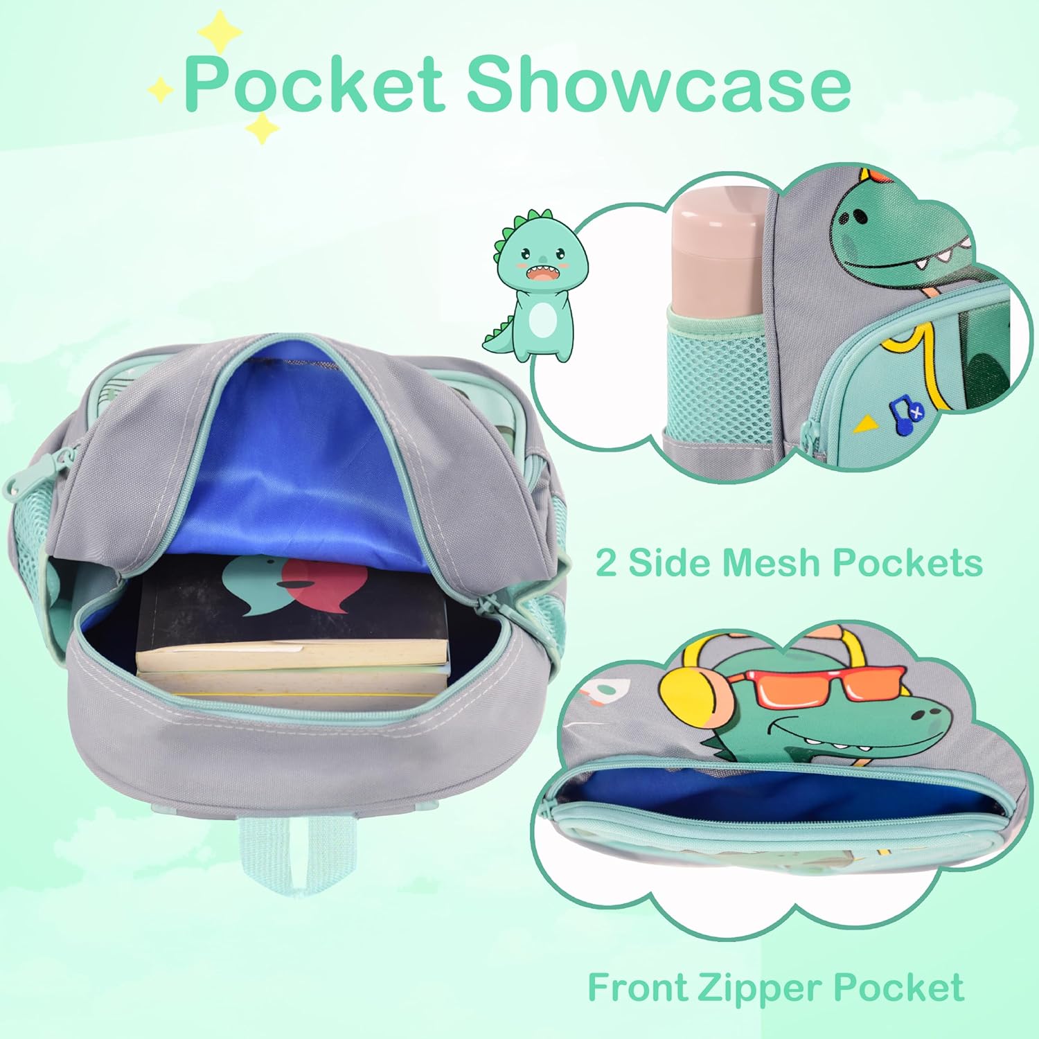 Cute Toddler Backpack Preschool Dinosaur Schoolbag for 2-6 Boys Kindergarten Children Travel Bookbag (Grey) - View 3