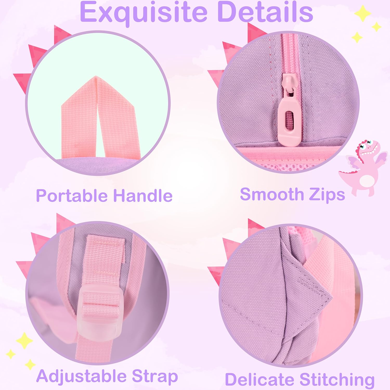 Cute Toddler Backpack Preschool Dinosaur Schoolbag for 2-6 Girls Kindergarten Children Travel Bookbag (Purple) - View 2