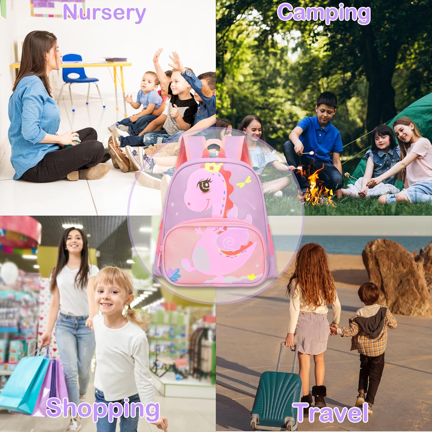 Cute Toddler Backpack Preschool Dinosaur Schoolbag for 2-6 Girls Kindergarten Children Travel Bookbag (Purple) - View 6