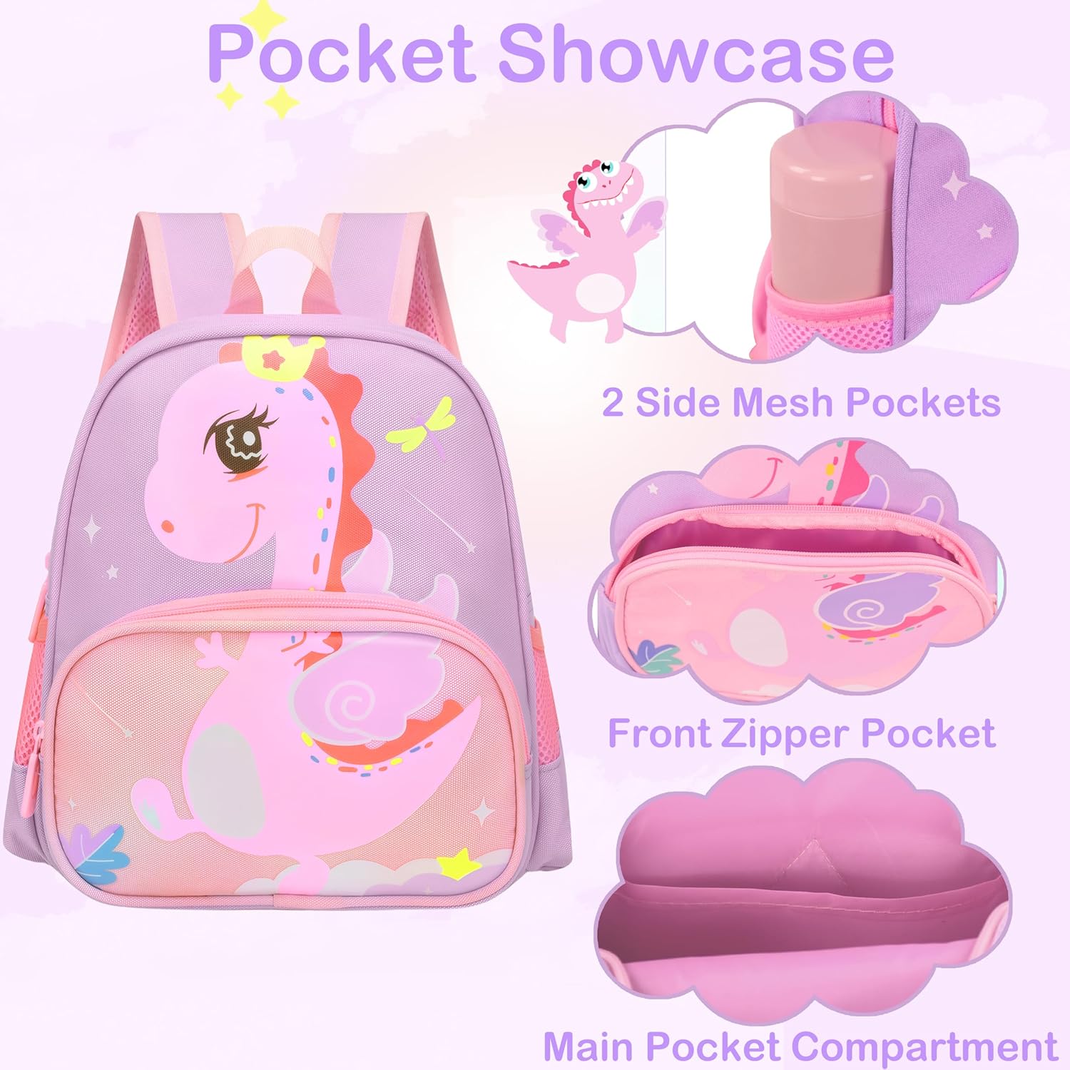 Cute Toddler Backpack Preschool Dinosaur Schoolbag for 2-6 Girls Kindergarten Children Travel Bookbag (Purple) - View 7