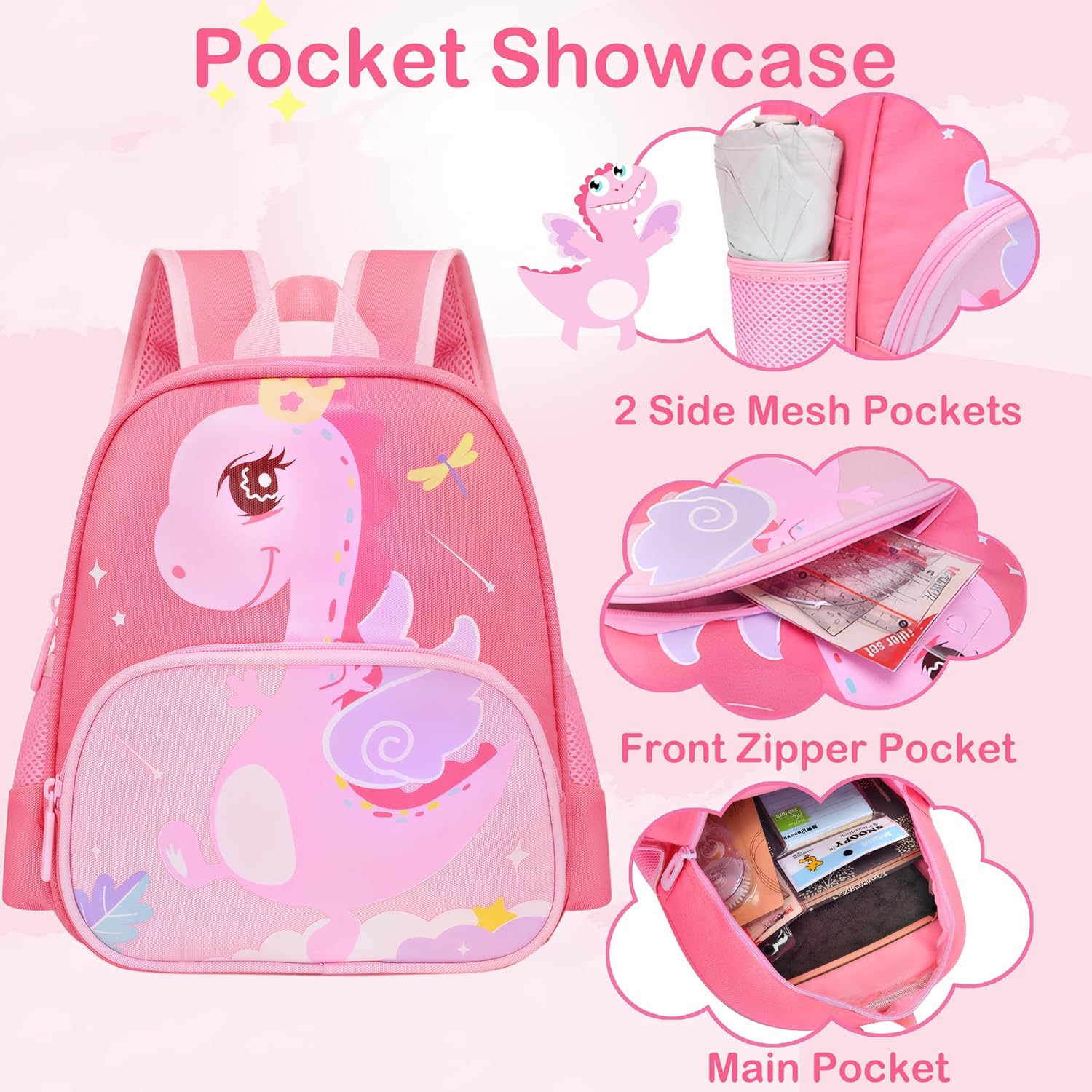 Cute Toddler Backpack Preschool Dinosaur Schoolbag for 2-6 Girls Kindergarten Children Travel Bookbag (Pink) - View 3