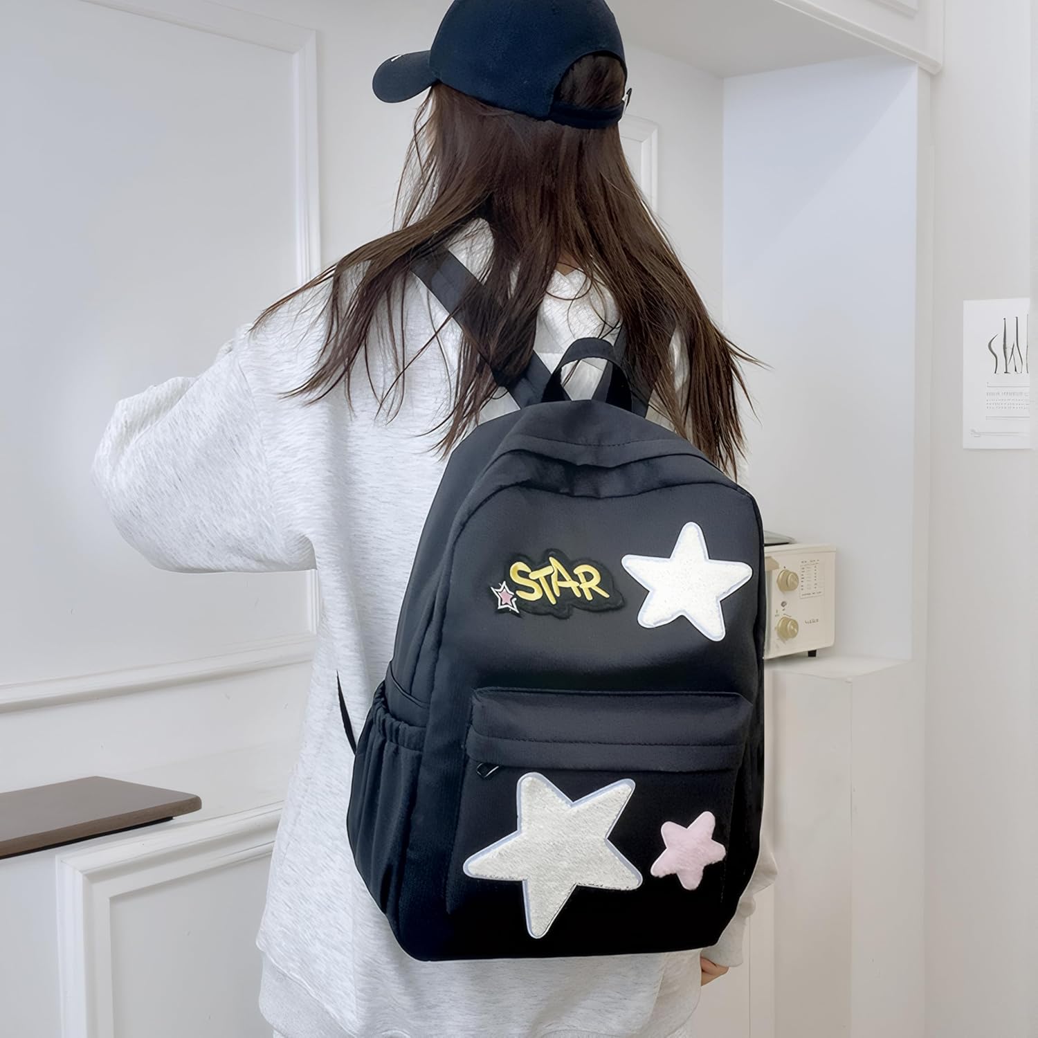 Kawaii School Backpack for Girls Aesthetic Preppy Kids Schoolbag Y2k Teens Cute Stars Casual Rave Daypack (Black) - View 4