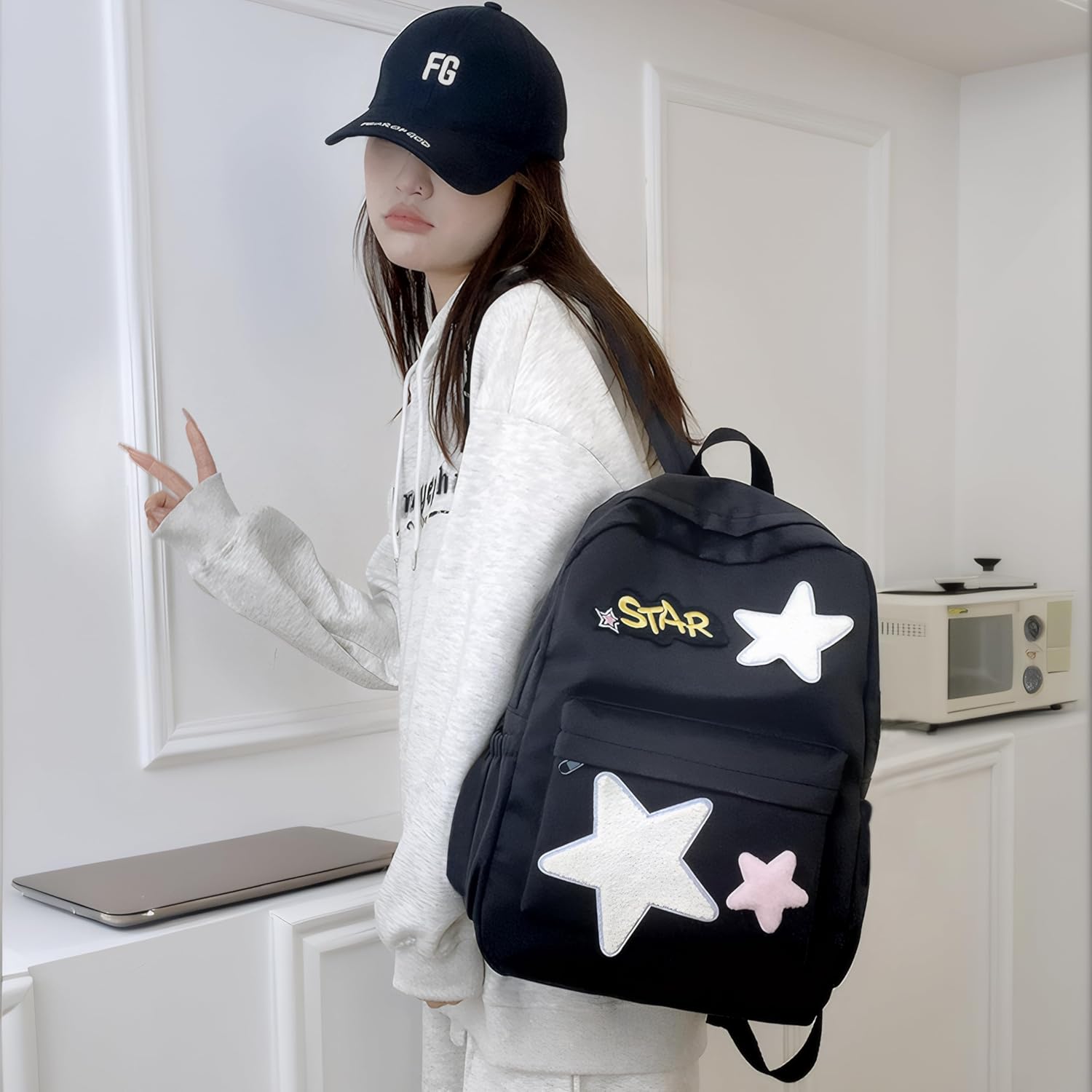 Kawaii School Backpack for Girls Aesthetic Preppy Kids Schoolbag Y2k Teens Cute Stars Casual Rave Daypack (Black) - View 5
