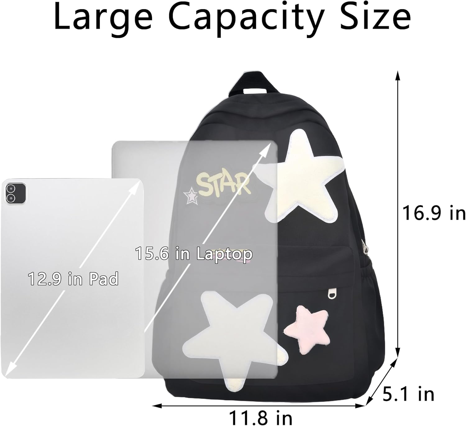 Kawaii School Backpack for Girls Aesthetic Preppy Kids Schoolbag Y2k Teens Cute Stars Casual Rave Daypack (Black) - View 6