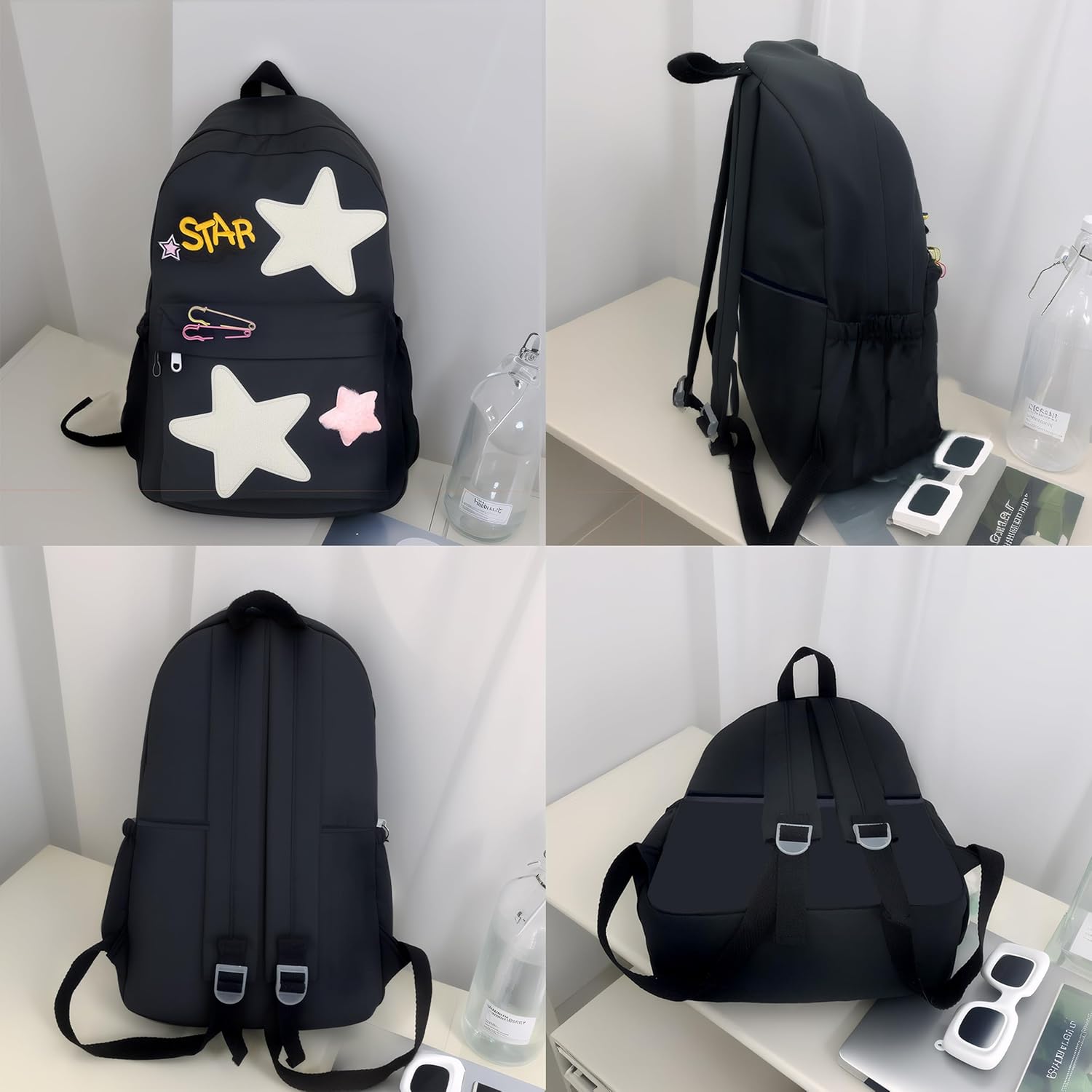 Kawaii School Backpack for Girls Aesthetic Preppy Kids Schoolbag Y2k Teens Cute Stars Casual Rave Daypack (Black) - View 7