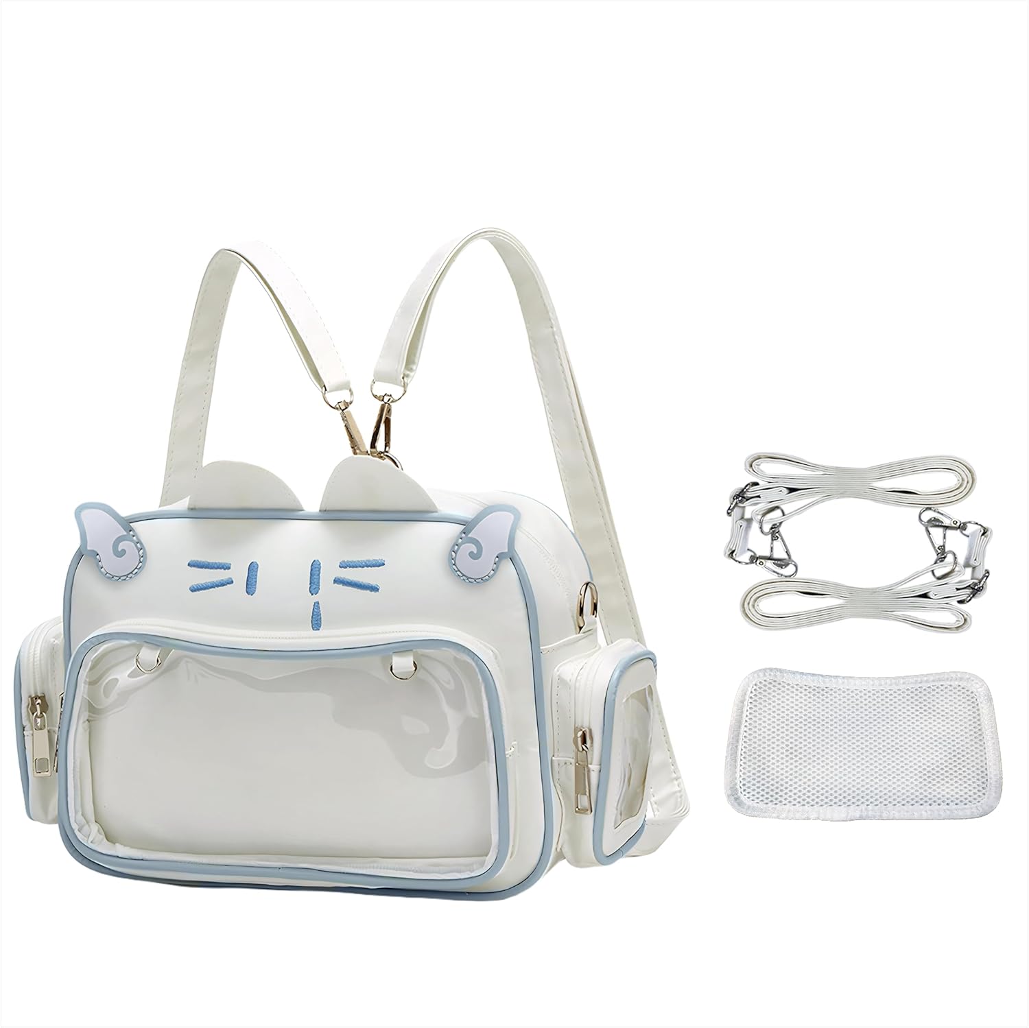 Kawaii Ita Bag Cat Backpack Y2k Girl Japanese School Bag Anime Shoulder Crossbody with Pin Display (White)
