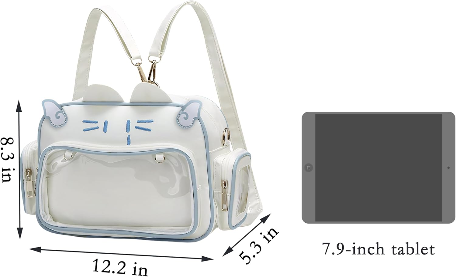 Kawaii Ita Bag Cat Backpack Y2k Girl Japanese School Bag Anime Shoulder Crossbody with Pin Display (White) - View 3