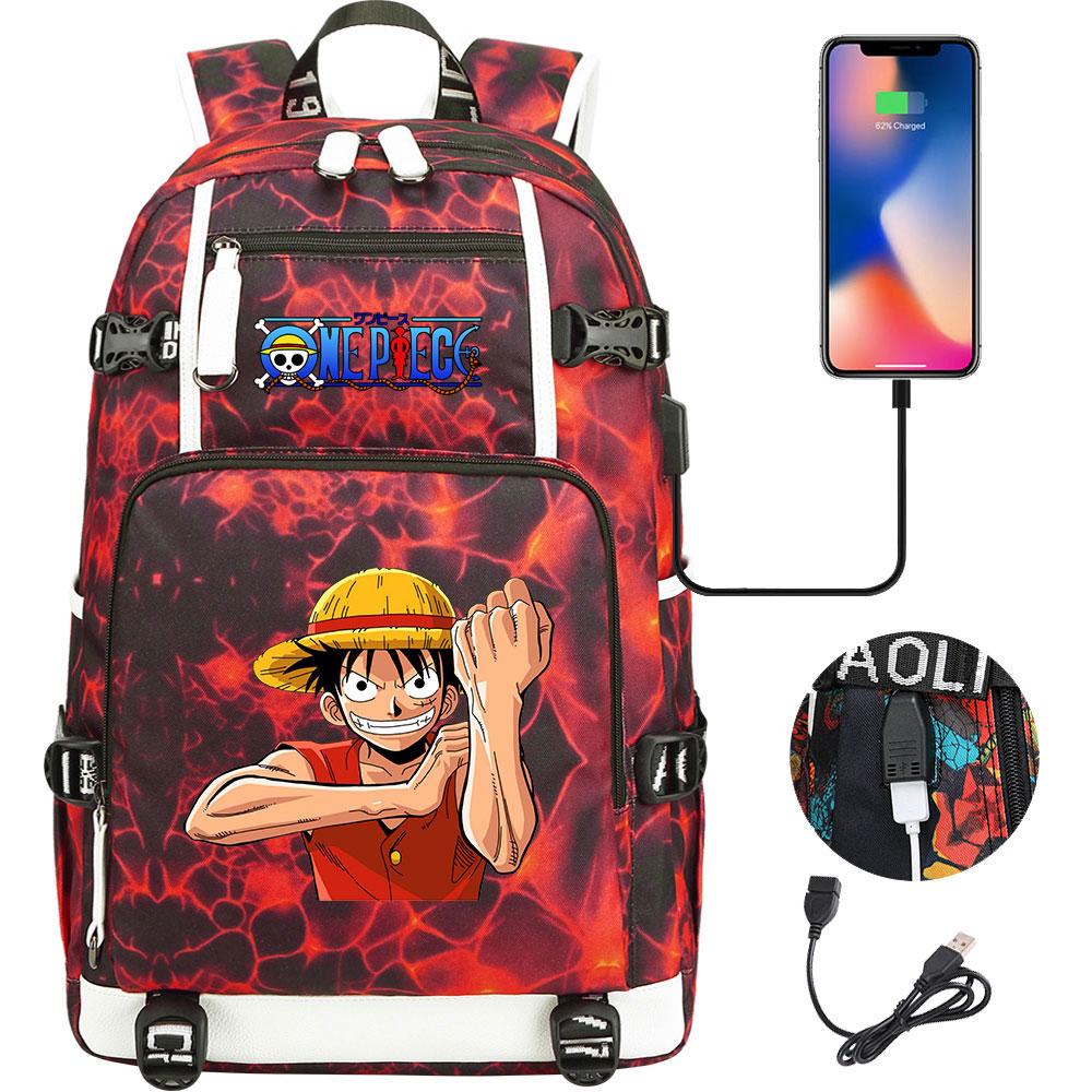 One Piece Luffy Casual Backpack with USB Interface Laptop Backpack Red Large Capacity Fashion Bookbag