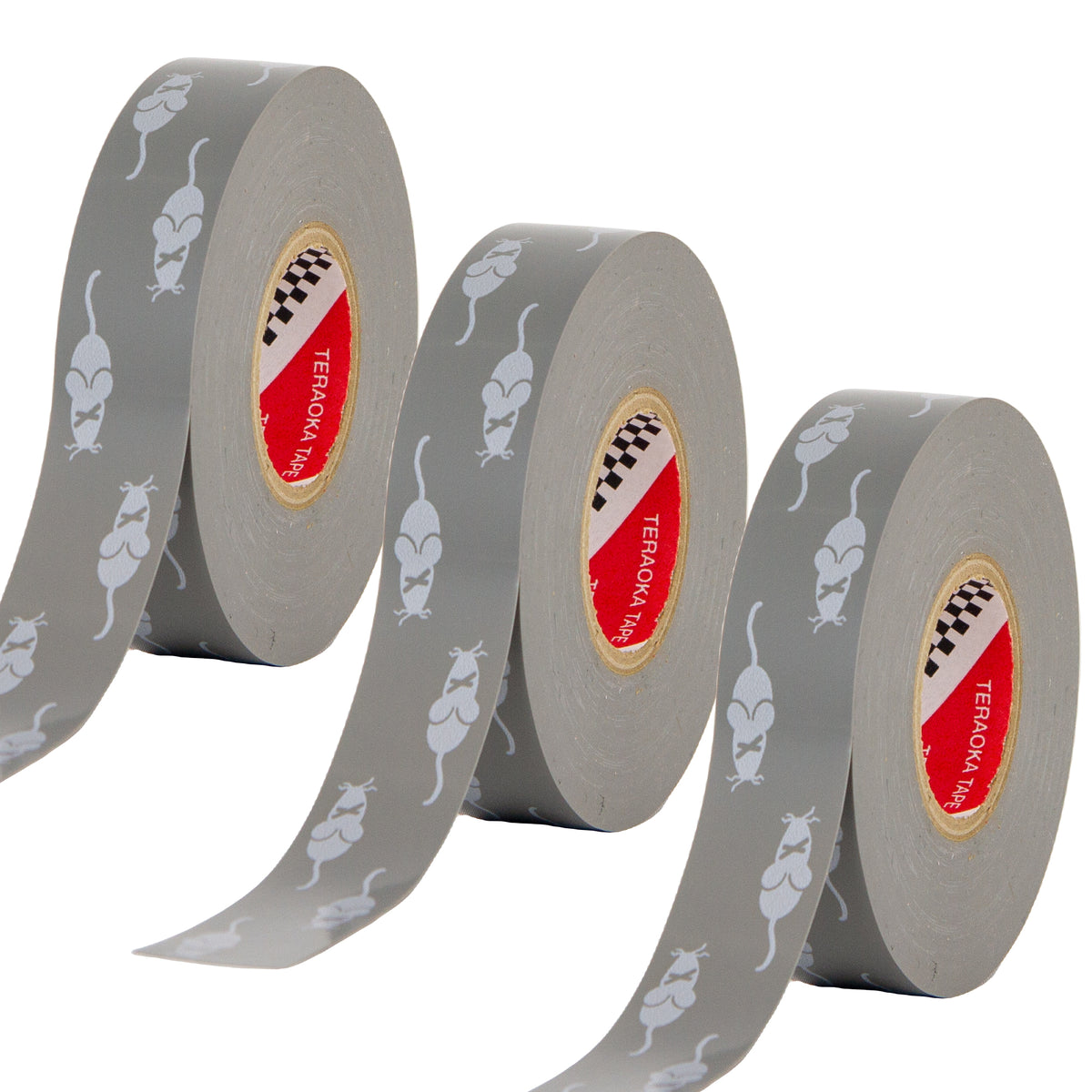Three rolls of grey Teraoka rodent-deterrent harness tape with red core labels