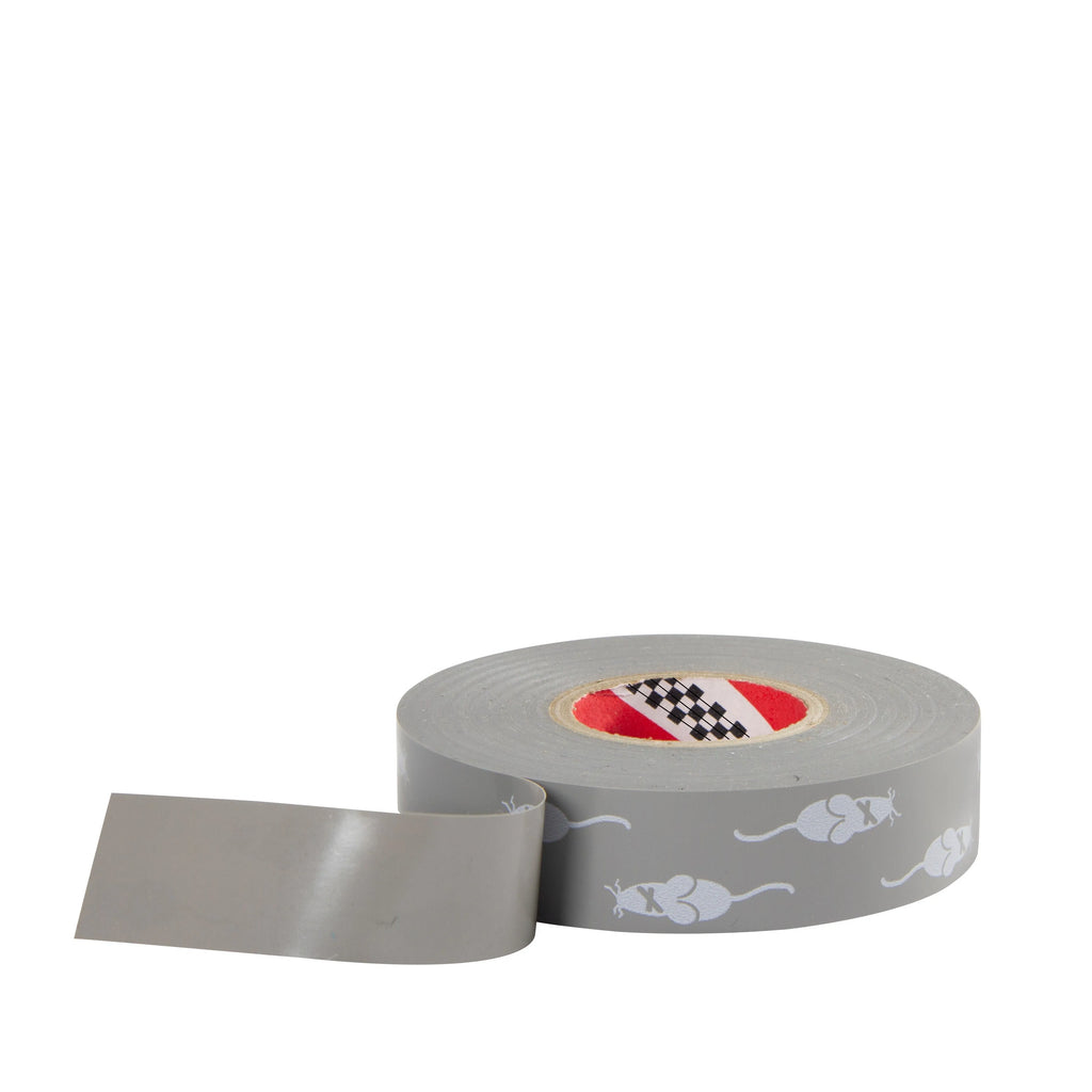 Grey 19 mm rodent-deterrent harness tape roll with printed mouse pattern and strip unrolled