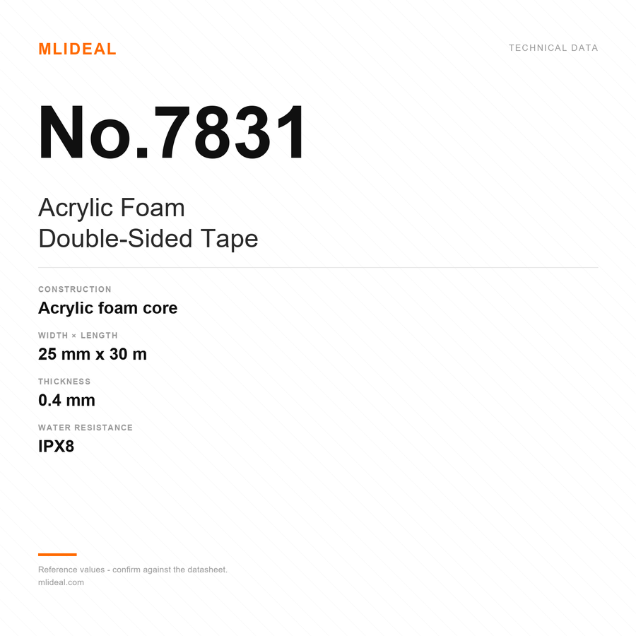 MLIDEAL No.7831 acrylic foam double-sided tape technical data card: 25 mm x 30 m, 0.4 mm, IPX8
