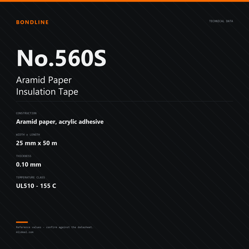 No.560S aramid paper insulation tape, 25 mm x 50 m, 0.10 mm, UL510, 155 C — specification card