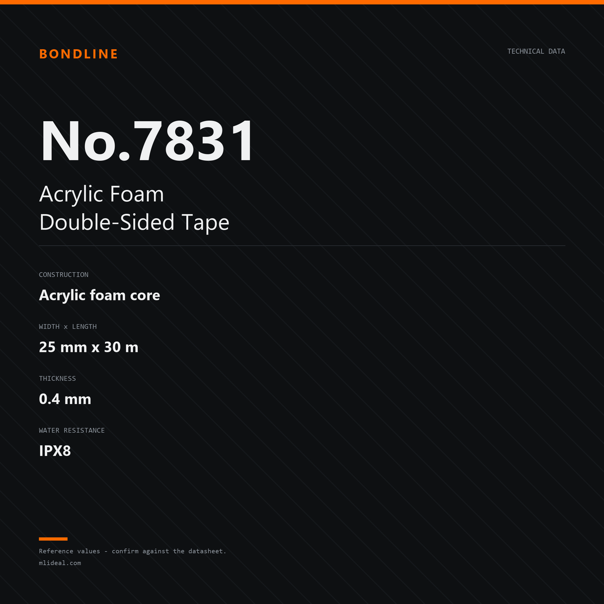 No.7831 acrylic foam double-sided tape, 25 mm x 30 m, 0.4 mm, IPX8 — specification card