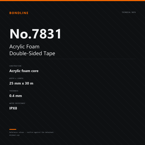 No.7831 acrylic foam double-sided tape, 25 mm x 30 m, 0.4 mm, IPX8 — specification card